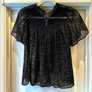Lovely flutter sleeve lace and flocked velvet top